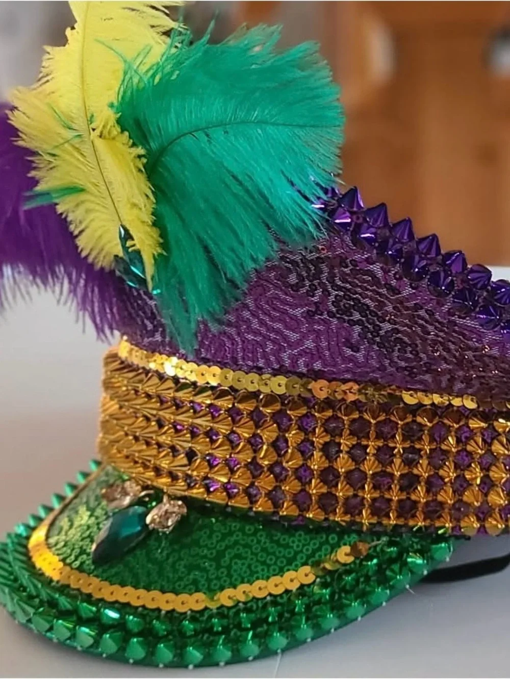 NEW Mardi Gras Feathered Sequin Mini Top Hat - Green, Purple & Yellow NWOT